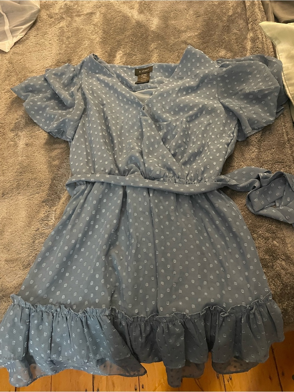 B. Smart Light Blue Polka Dot Mini Faux Wrap Dress